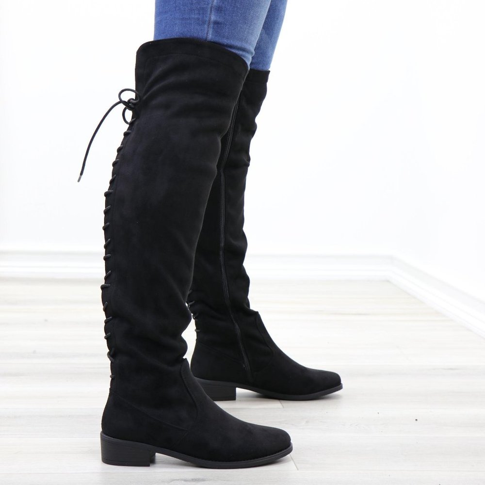 Low Heel Faux Suede Black Thigh High Boots - Picture 11 of 14